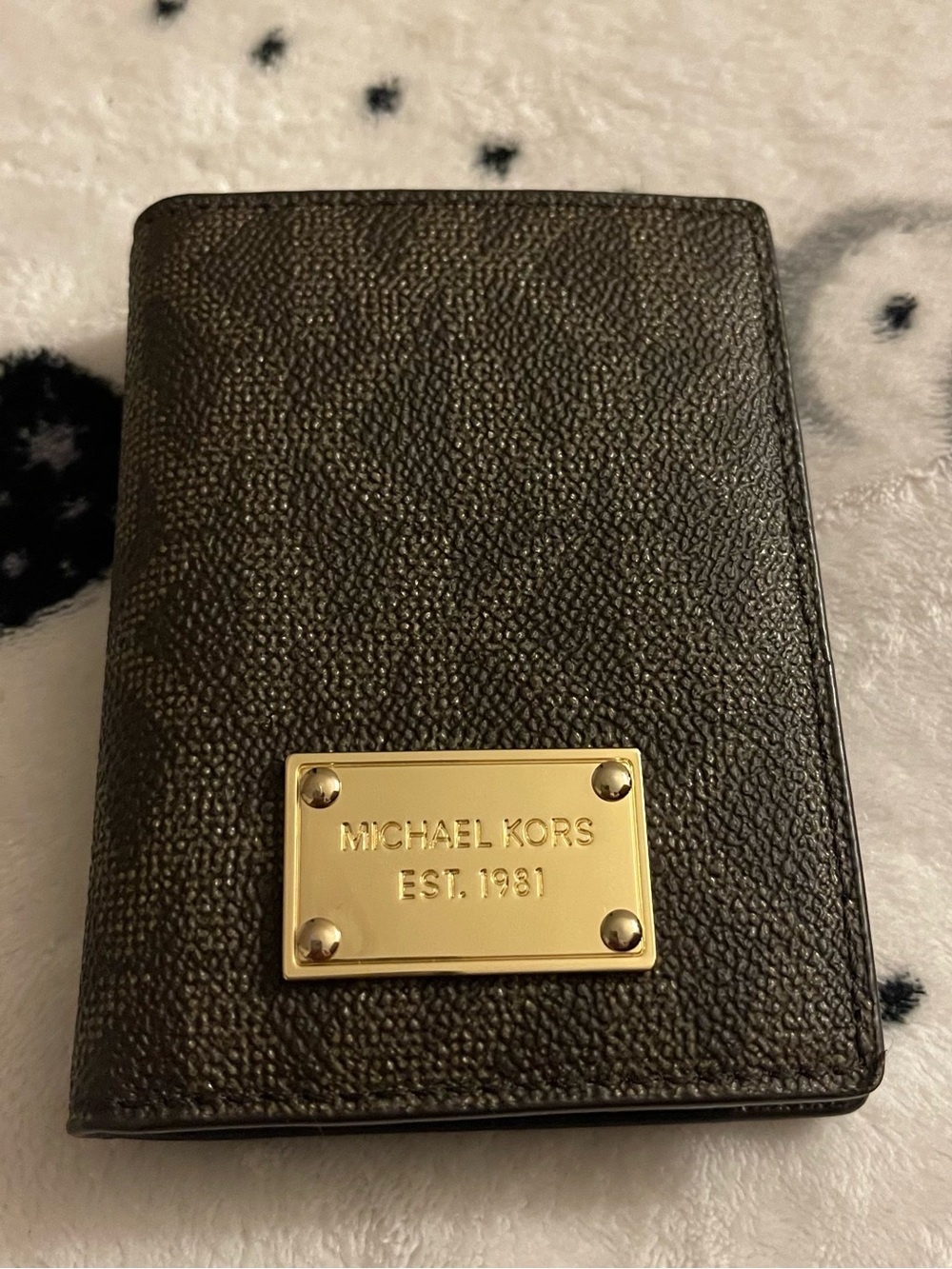 Michael Kors Black Leather Passport Cover with Gold Plaque